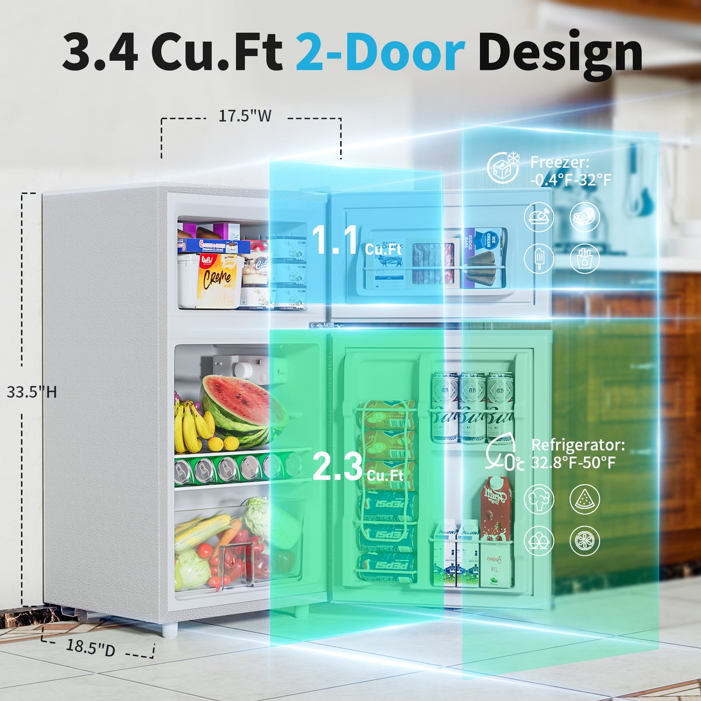 3.4 Cu.Ft Small Refrigerator with Freezer, Mini Fridge with Freezer, 7 Settings Temperature Adjustable, Double Door, Compact Refrigerator for Bedroom, Dorm and Office, White