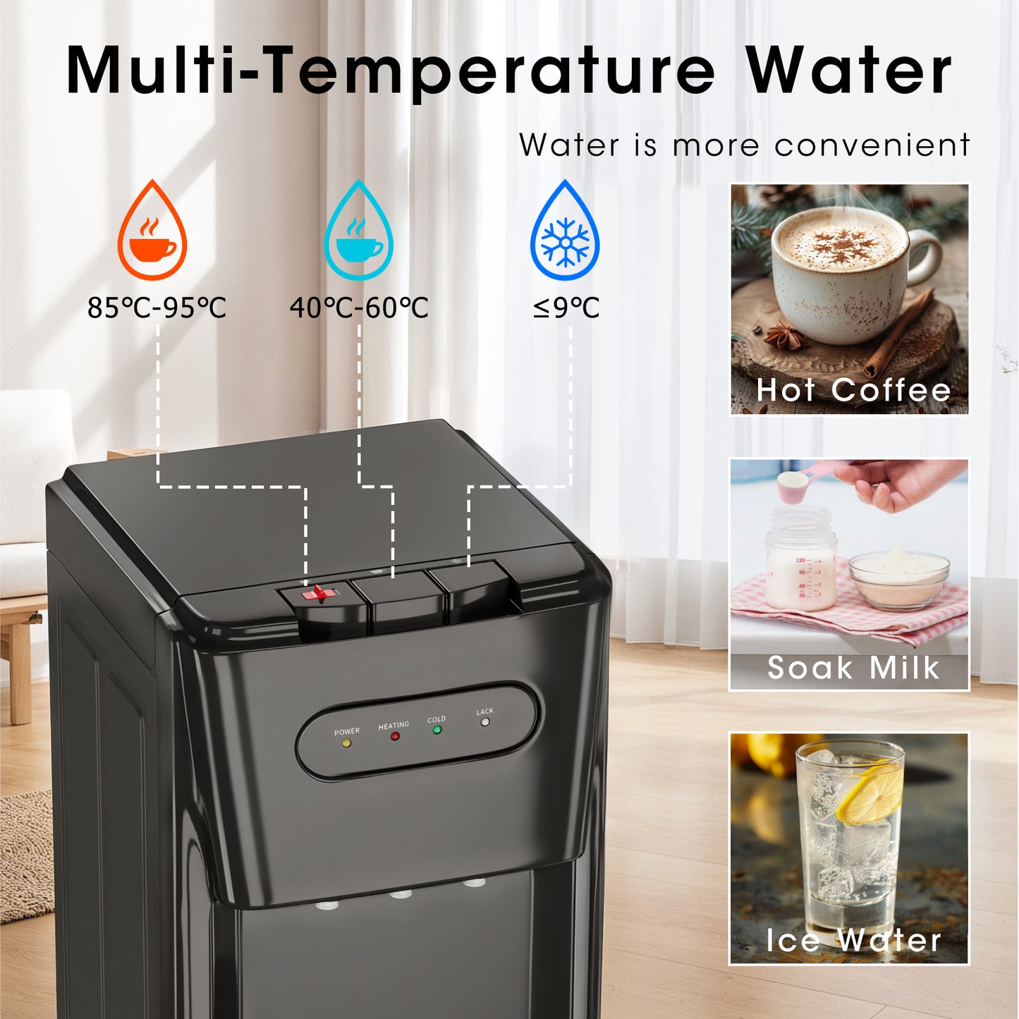 Bottom Loading Water Cooler Dispenser for 3 or 5 Gallon Bottles - Water Dispenser with Hot, Room & Cold Spouts, Child Safety Lock, LED Display with Empty Bottle Alert, Black