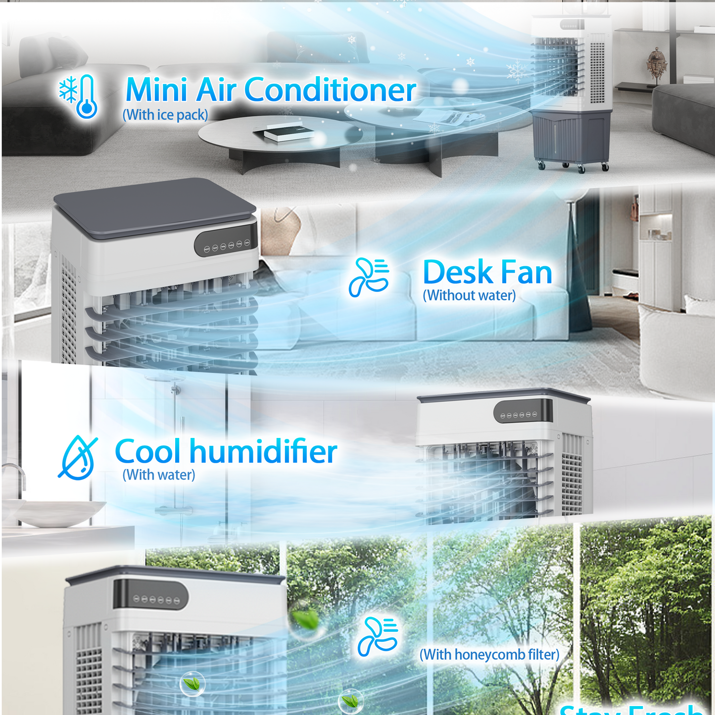 Swamp Cooler Air Conditioners, Large 13.5-Gal Tank for 7d Cooling, 4-IN-1 Portable evaporative cooler with LED Touch Screen, 3 Fan Speed,12H Timer and Remote, 1000 sq ft, Ideal for Large Rooms