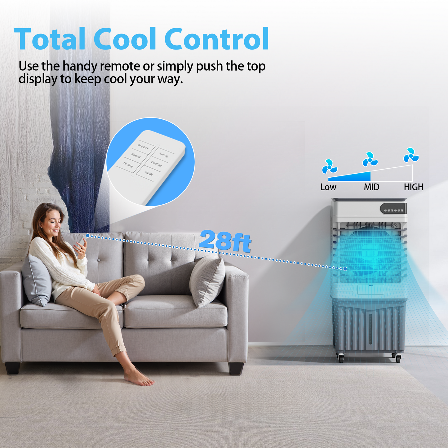 Swamp Cooler Air Conditioners, Large 13.5-Gal Tank for 7d Cooling, 4-IN-1 Portable evaporative cooler with LED Touch Screen, 3 Fan Speed,12H Timer and Remote, 1000 sq ft, Ideal for Large Rooms