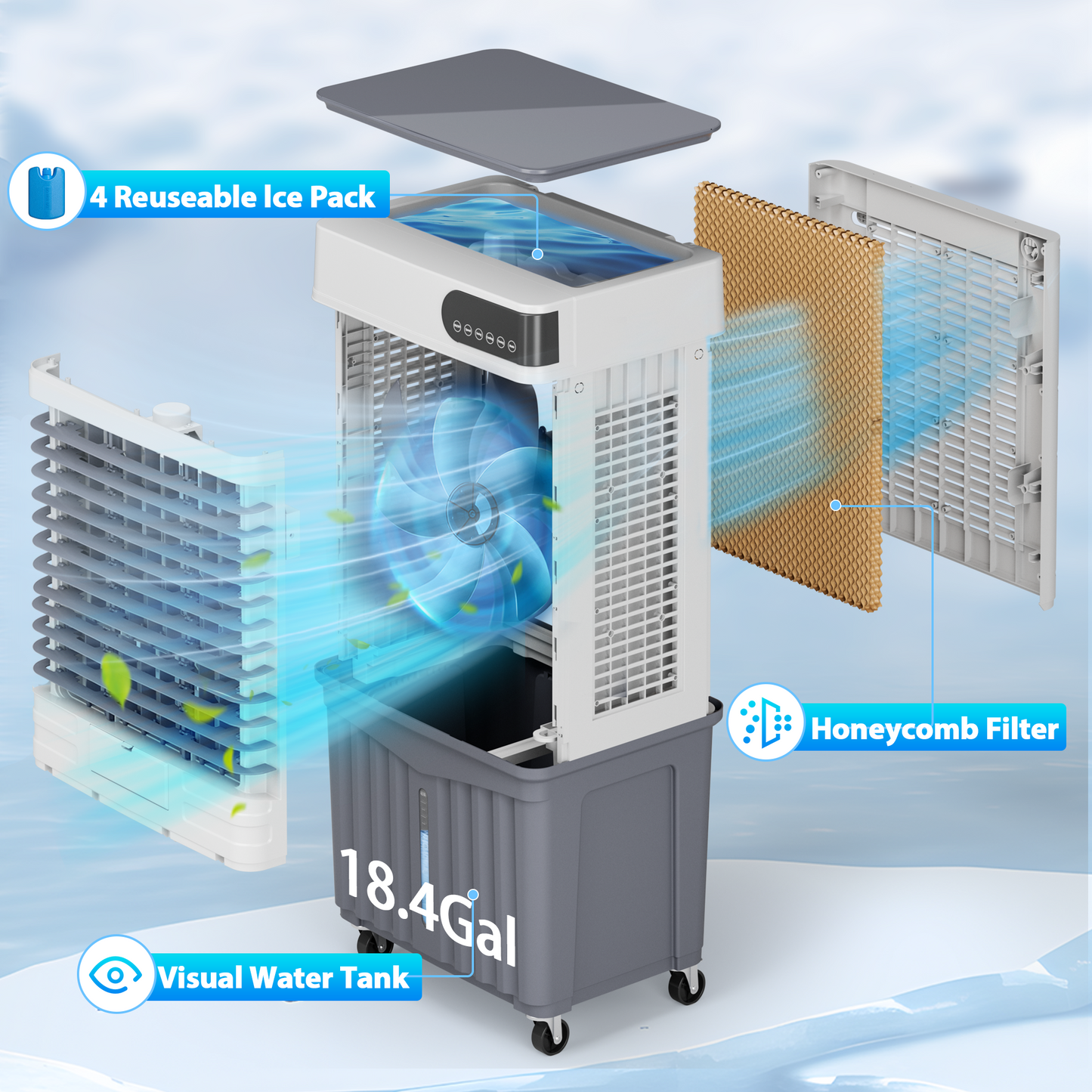 Swamp Cooler Air Conditioners, Large 18.4-Gal Tank for 24/7 Cooling, 4-IN-1 Portable Evaporative Cooler with LED Touch Screen, 3 Fan Speeds,12H Timer and Remote, 1500 sq ft, Ideal for Large Rooms