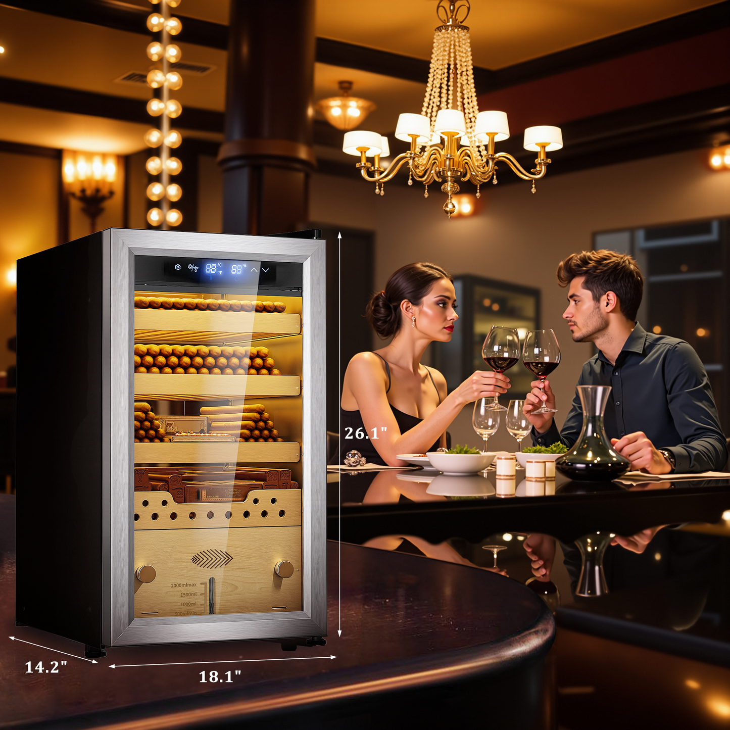 40L Electric Humidor Cabinet with Advanced Compressor Temperature & Humidity Control, Luxurious Alloy Door, LED Lighting, 4-Layer Desktop Design, Holds Up to 300 Cigars