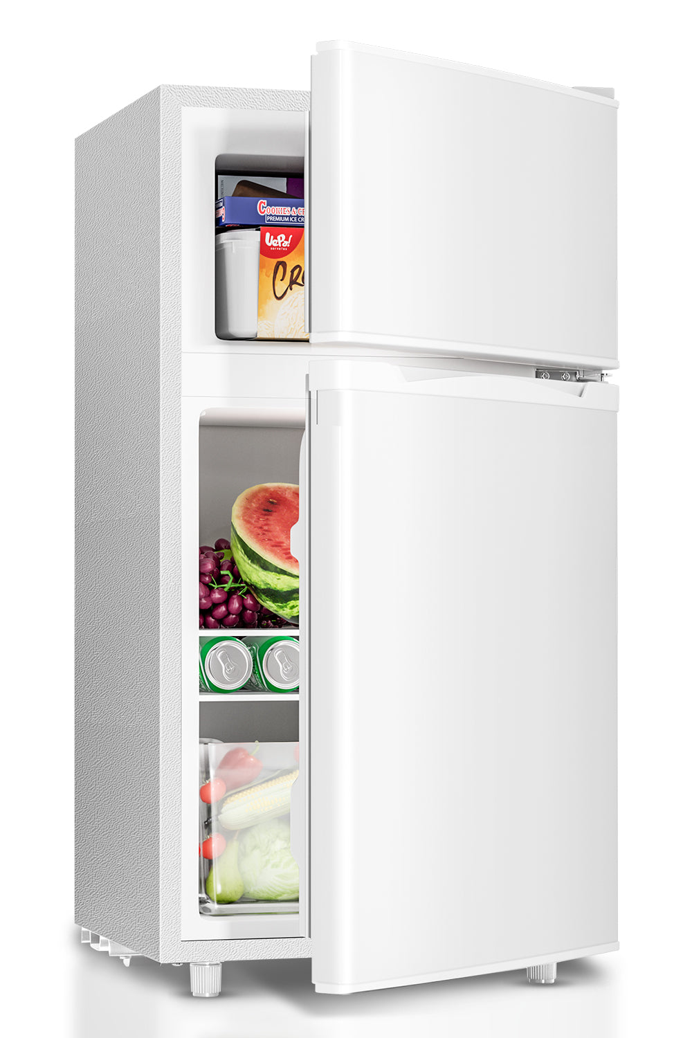 3.4 Cu.Ft Small Refrigerator with Freezer, Mini Fridge with Freezer, 7 Settings Temperature Adjustable, Double Door, Compact Refrigerator for Bedroom, Dorm and Office, White