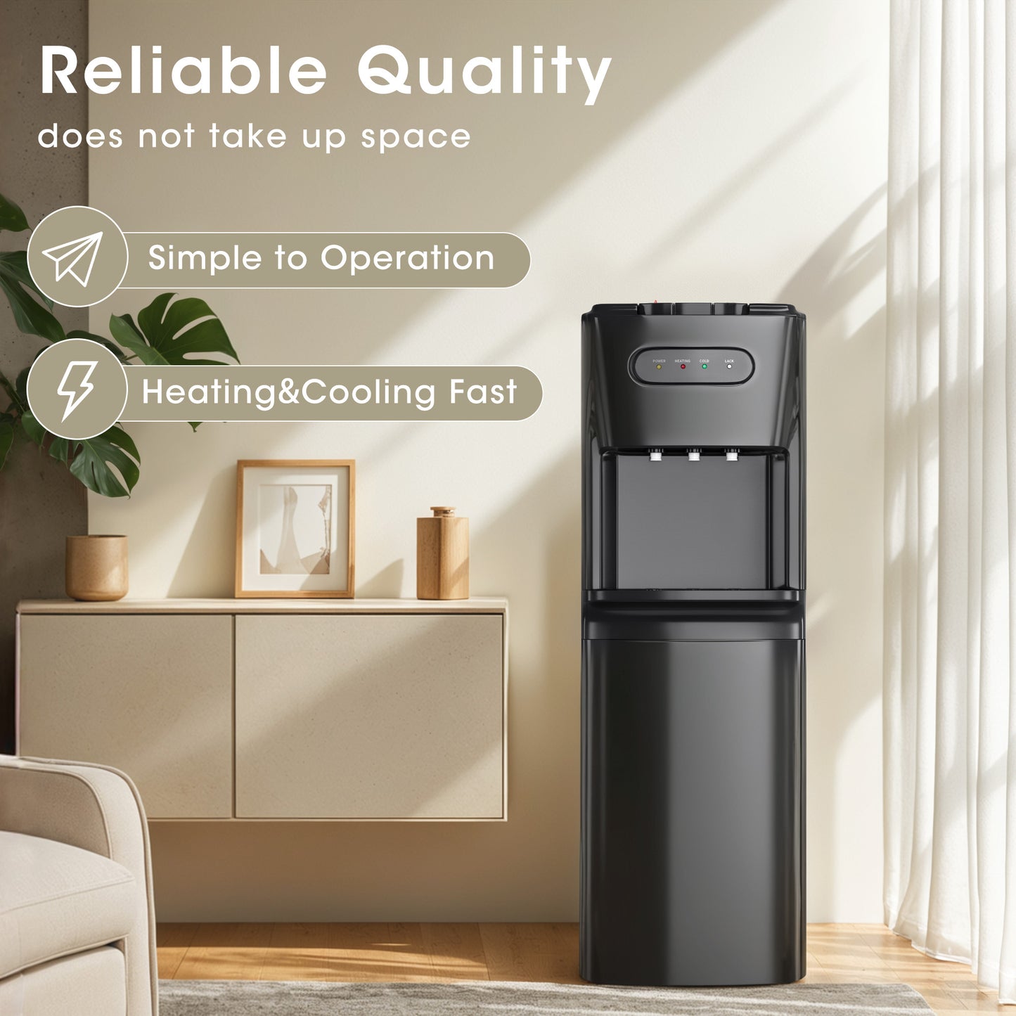 Bottom Loading Water Cooler Dispenser for 3 or 5 Gallon Bottles - Water Dispenser with Hot, Room & Cold Spouts, Child Safety Lock, LED Display with Empty Bottle Alert, Black