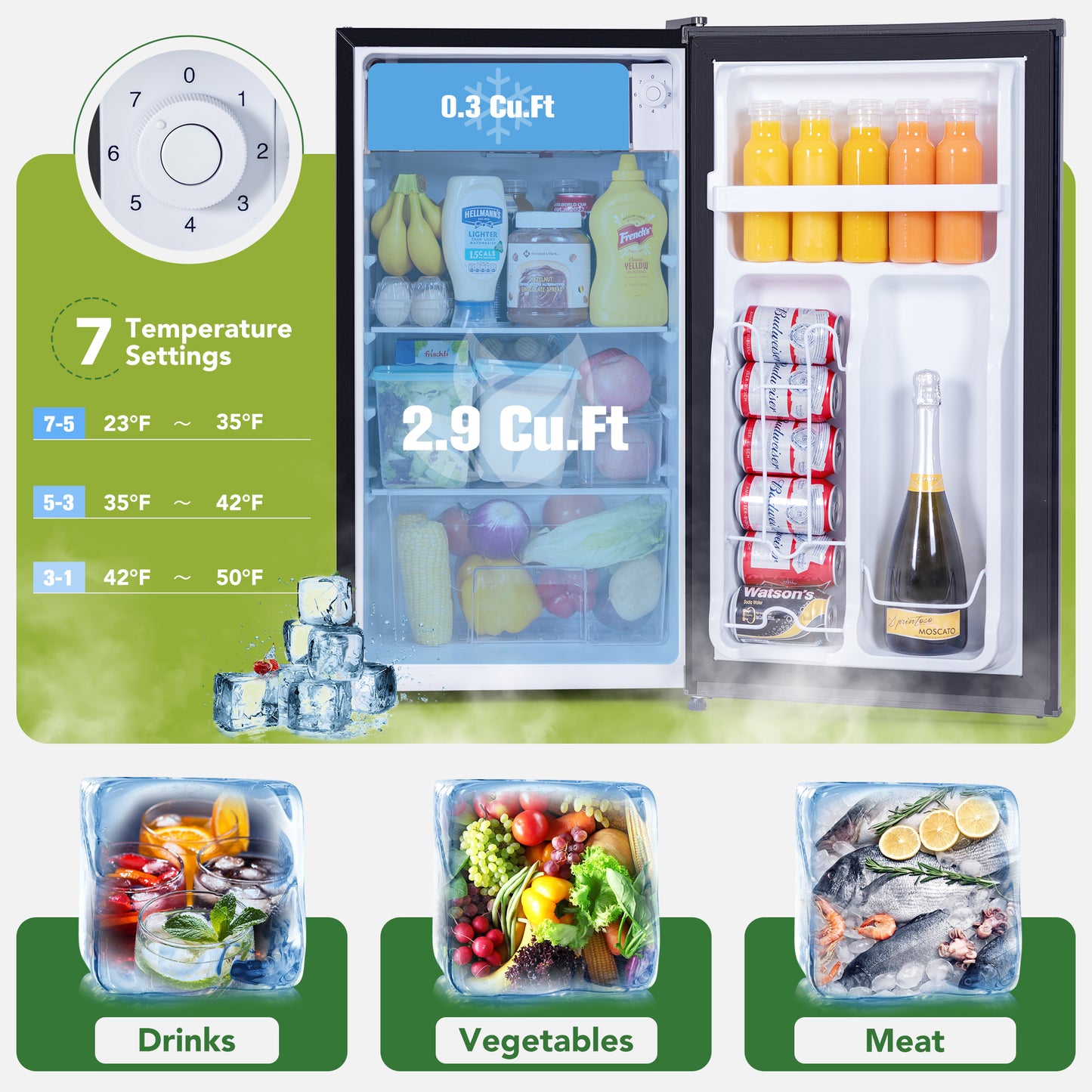 Small Refrigerator with Freezer, 3.2 Cu.Ft, Mini Fridge with Freezer, 7 Settings Temperature Adjustable, Single Door, Compact Refrigerator for Bedroom, Office, Dorm, Black