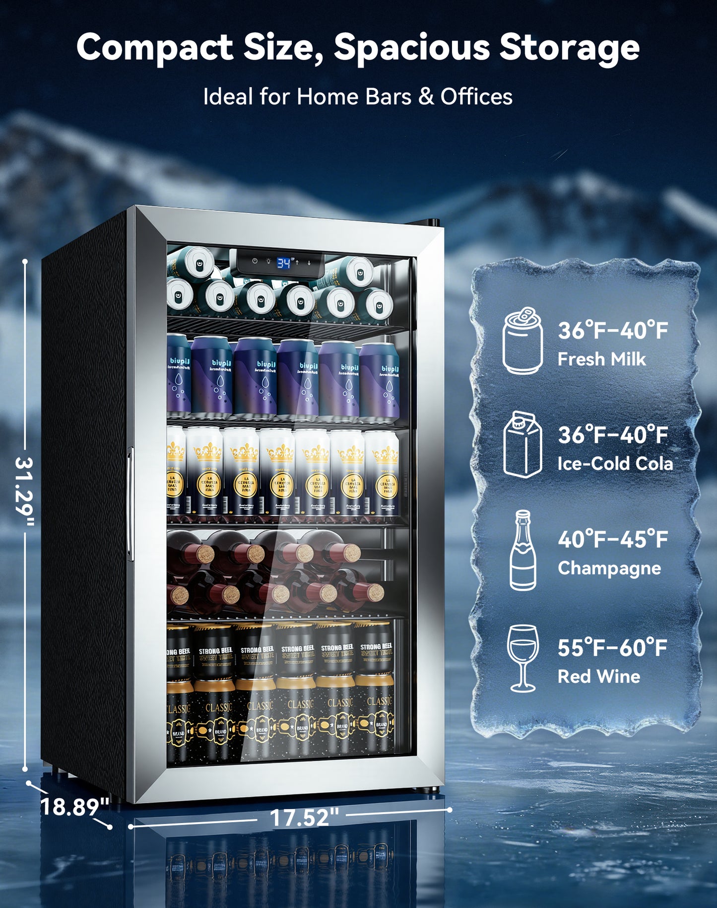 Tehanld 130 Can Beverage Refrigerator with Reversible Glass Door, 3.2 Cu.Ft Drink Cooler with Adjustable Thermostat (34โ64ยฐF), Freestanding Beverage Fridge for Soda, Beer & Home Bar