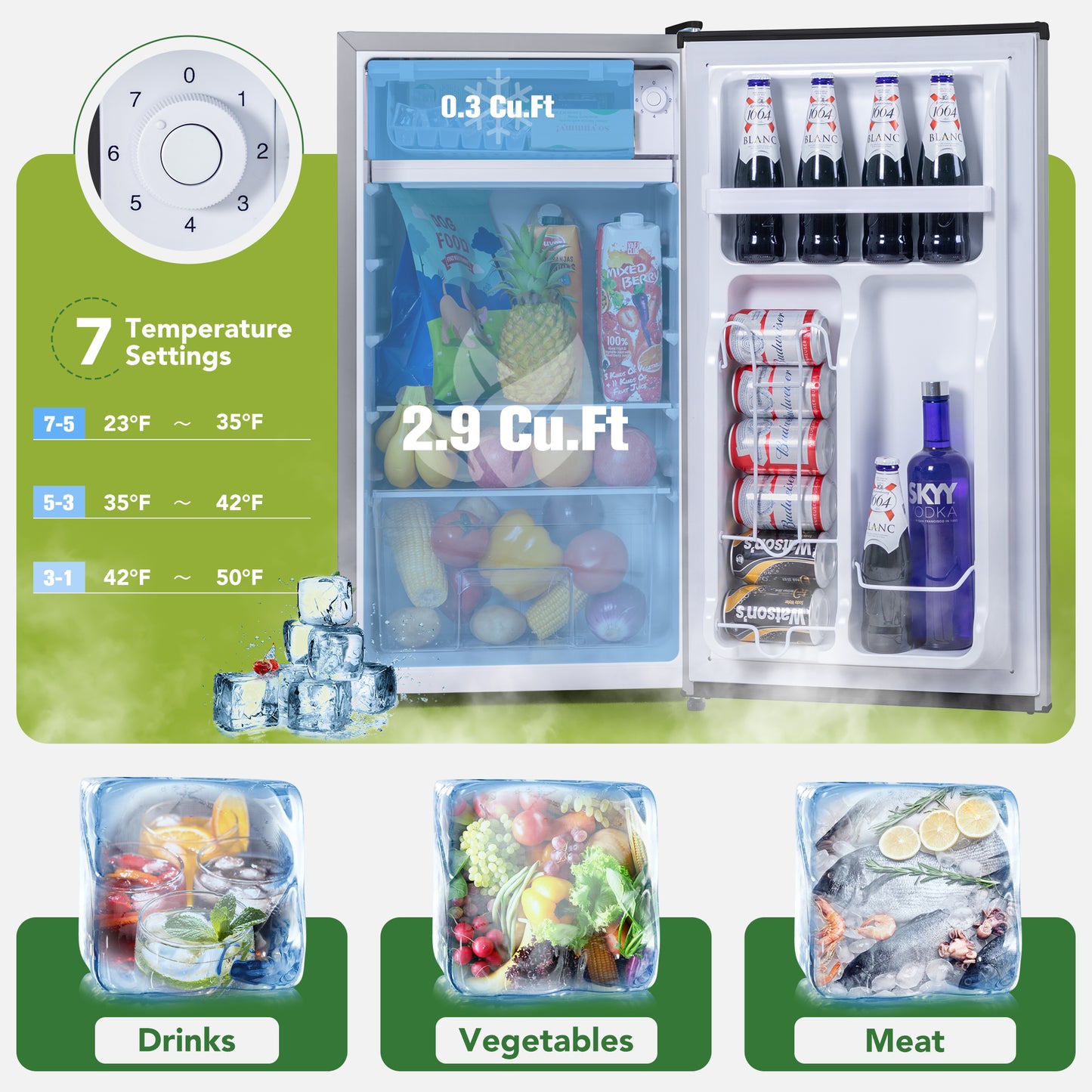 3.2 Cu.Ft Mini Fridge for Bedroom Office Dorm, Small Refrigerator Freezer, Mini Compact Fridge with Adjustable Thermostat, Low Noise, Energy Saving, Silver