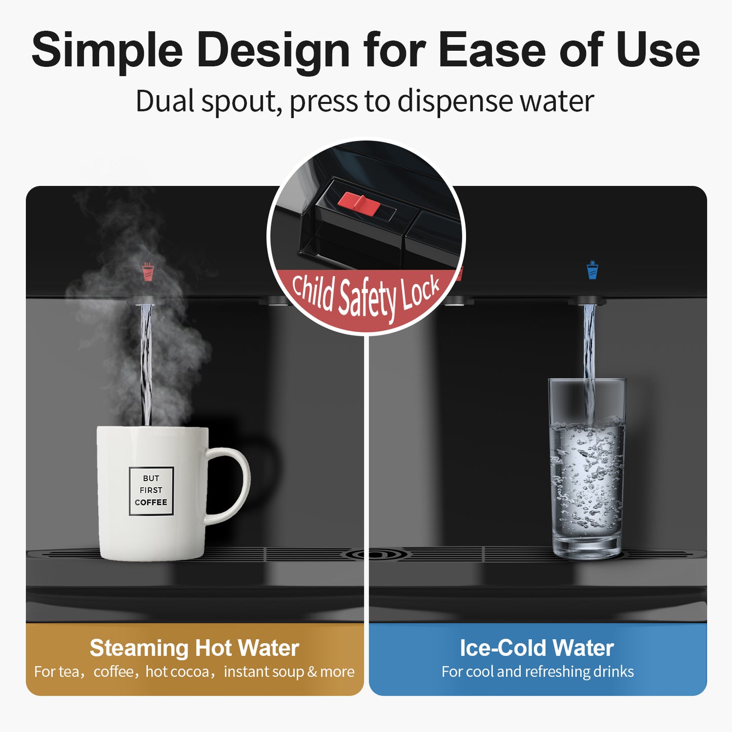 Tehanld Top Loading Water Cooler Dispenser Hot Cold & Cool Water Dispenser for 3 or 5 Gallon Bottles, Child Safety Lock, Simple Quite Design, Ideal for Home, Office, Living Room, Garnet Black