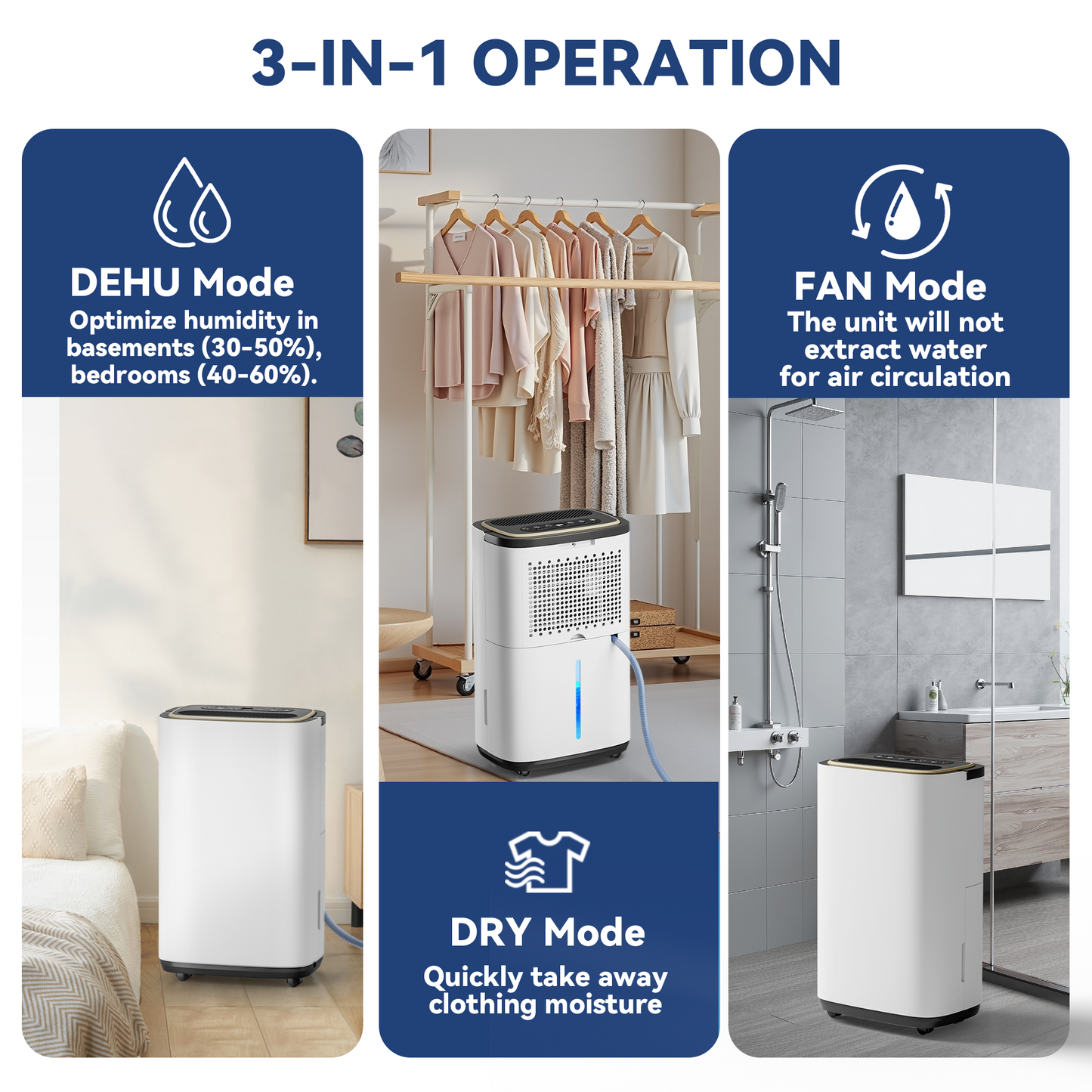 2500 Sq.Ft Large Dehumidifier for Basement, 30-Pint Whole House Dehumidifier with Compressor and Drain Hose, Intelligent Humidity Control, 3 Modes, 24H Timer, Ideal For Bedrooms, Bathrooms or RV