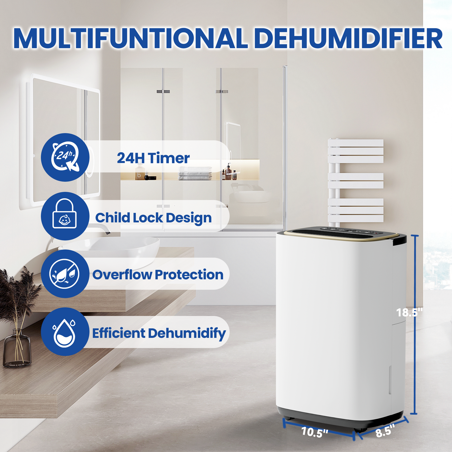2500 Sq.Ft Large Dehumidifier for Basement, 30-Pint Whole House Dehumidifier with Compressor and Drain Hose, Intelligent Humidity Control, 3 Modes, 24H Timer, Ideal For Bedrooms, Bathrooms or RV