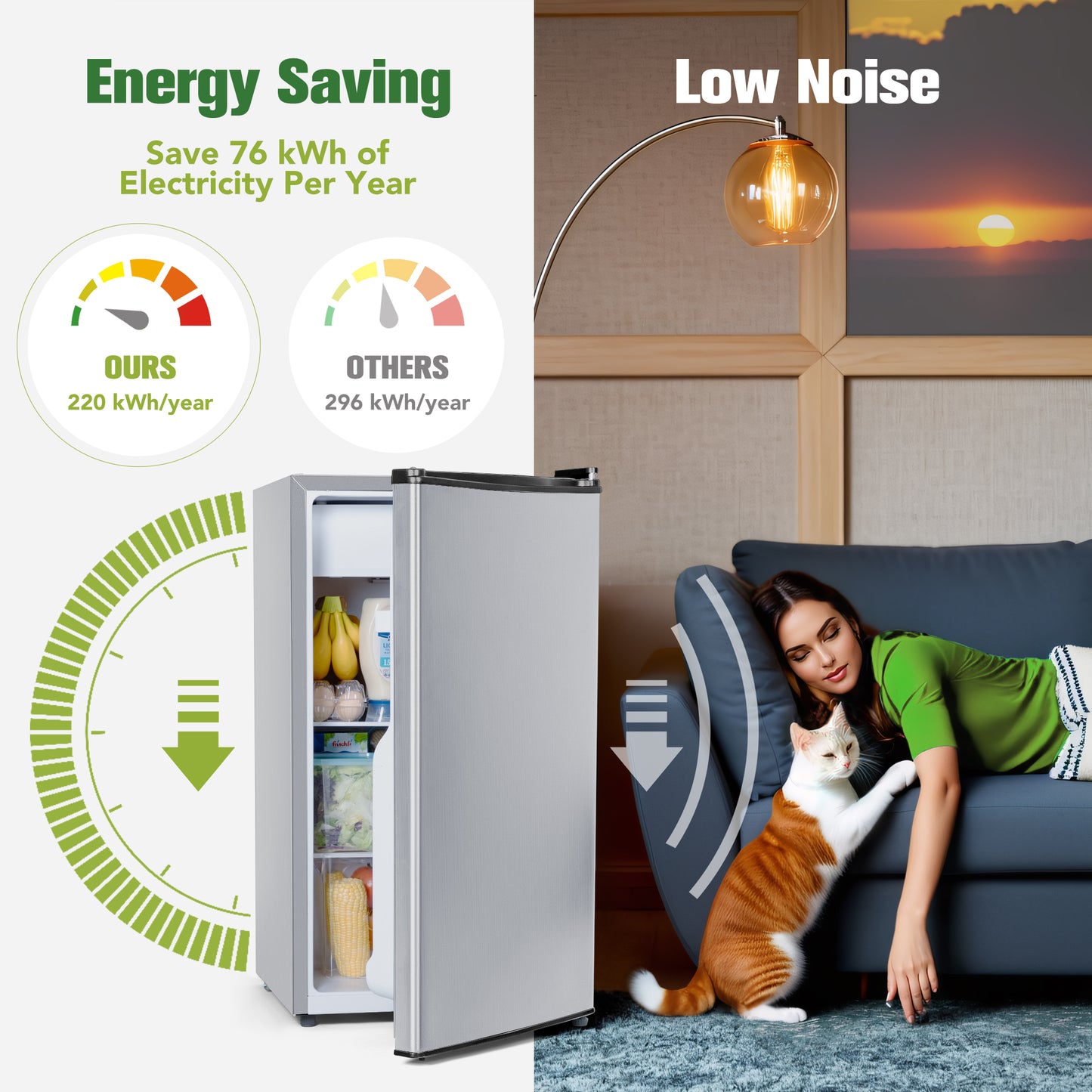 3.2 Cu.Ft Mini Fridge for Bedroom Office Dorm, Small Refrigerator Freezer, Mini Compact Fridge with Adjustable Thermostat, Low Noise, Energy Saving, Silver