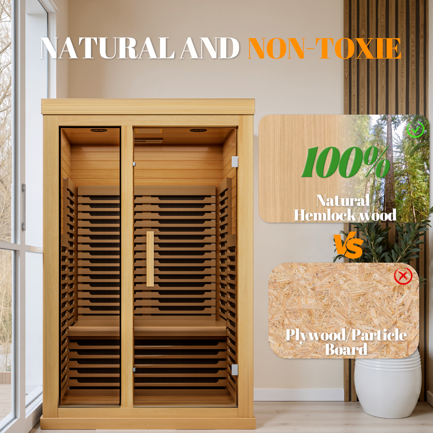 Tehanld Far Infrared Wooden Sauna Low EMF- 2 Person Personal Sauna for Home Use, Full Spectrum Infrared Sauna, Dual Tempered Glass & Bluetooth Speakers - Indoor Sauna 2000W, Natural Wood