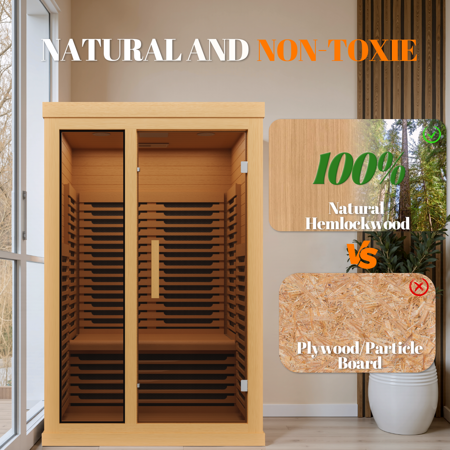 Far Infrared Wooden Sauna Low EMF- 2 Person Personal Sauna for Home Use, Full Spectrum Infrared Sauna, Dual Tempered Glass & Bluetooth Speakers - Indoor Sauna 2000W,Brown