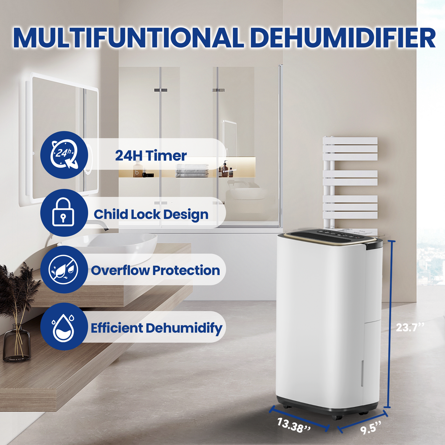 2000 Sq. Ft. Dehumidifier- Ideal for Large Rooms, Bathrooms and Home Basements (White, 34 Pints)