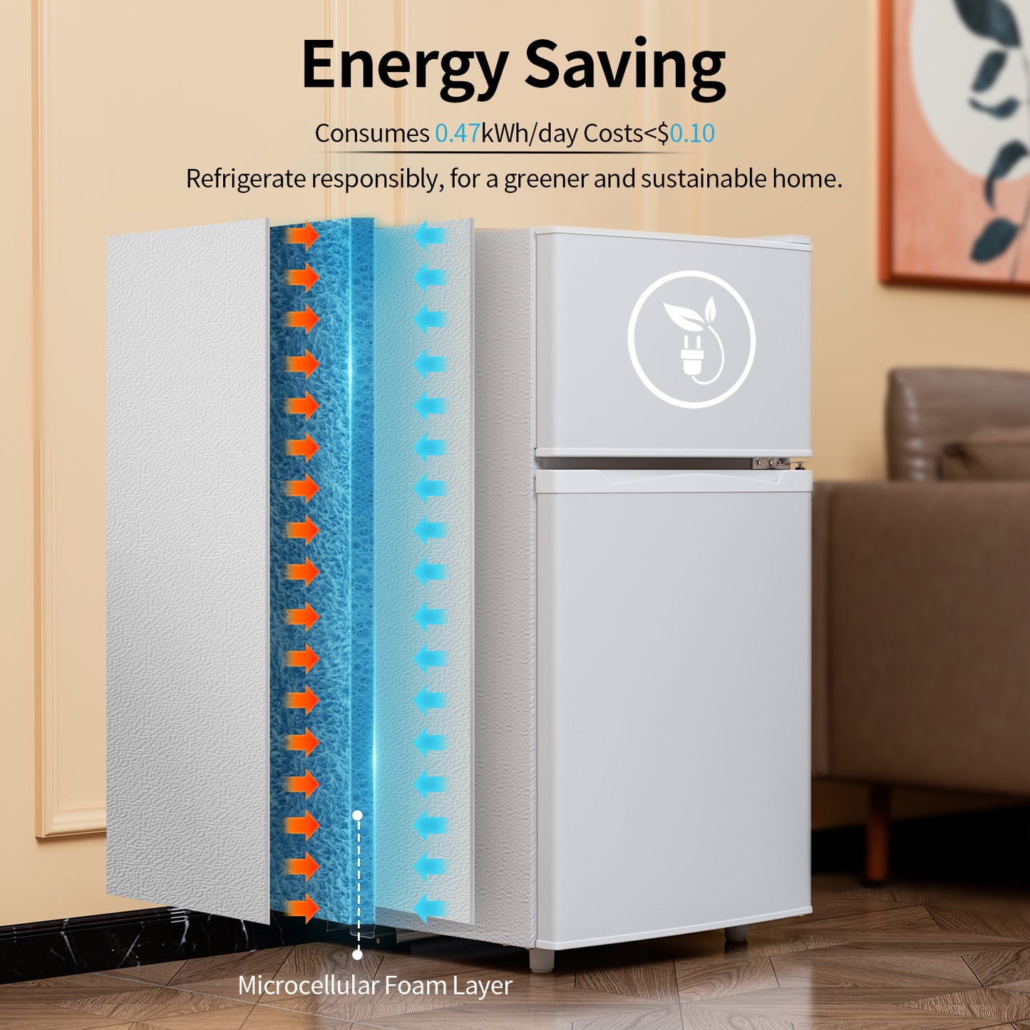 3.4 Cu.Ft Small Refrigerator with Freezer, Mini Fridge with Freezer, 7 Settings Temperature Adjustable, Double Door, Compact Refrigerator for Bedroom, Dorm and Office, White