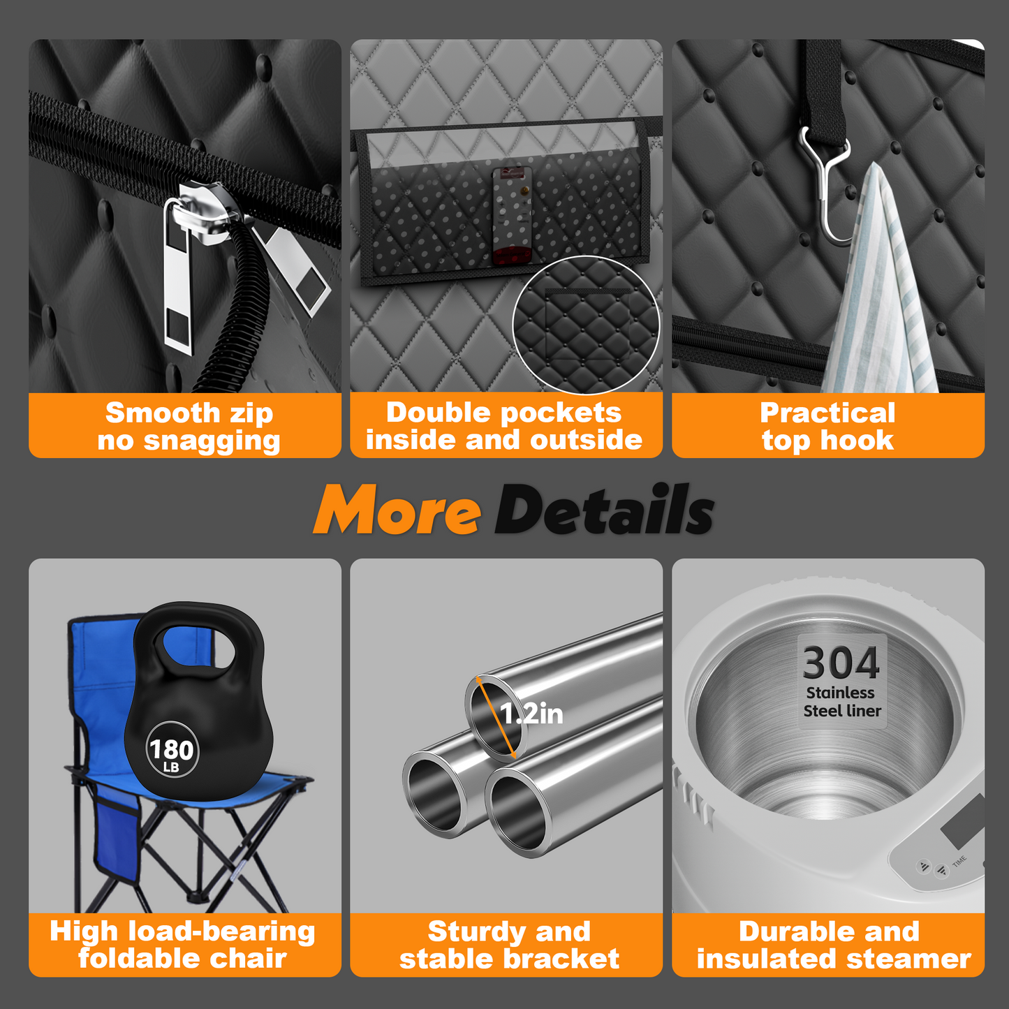 2 Person Portable Steam Sauna for Home, Extra Large Sauna Box, Upgraded 2 Steamer, 2 Foldable Chair & Remote Control, Black