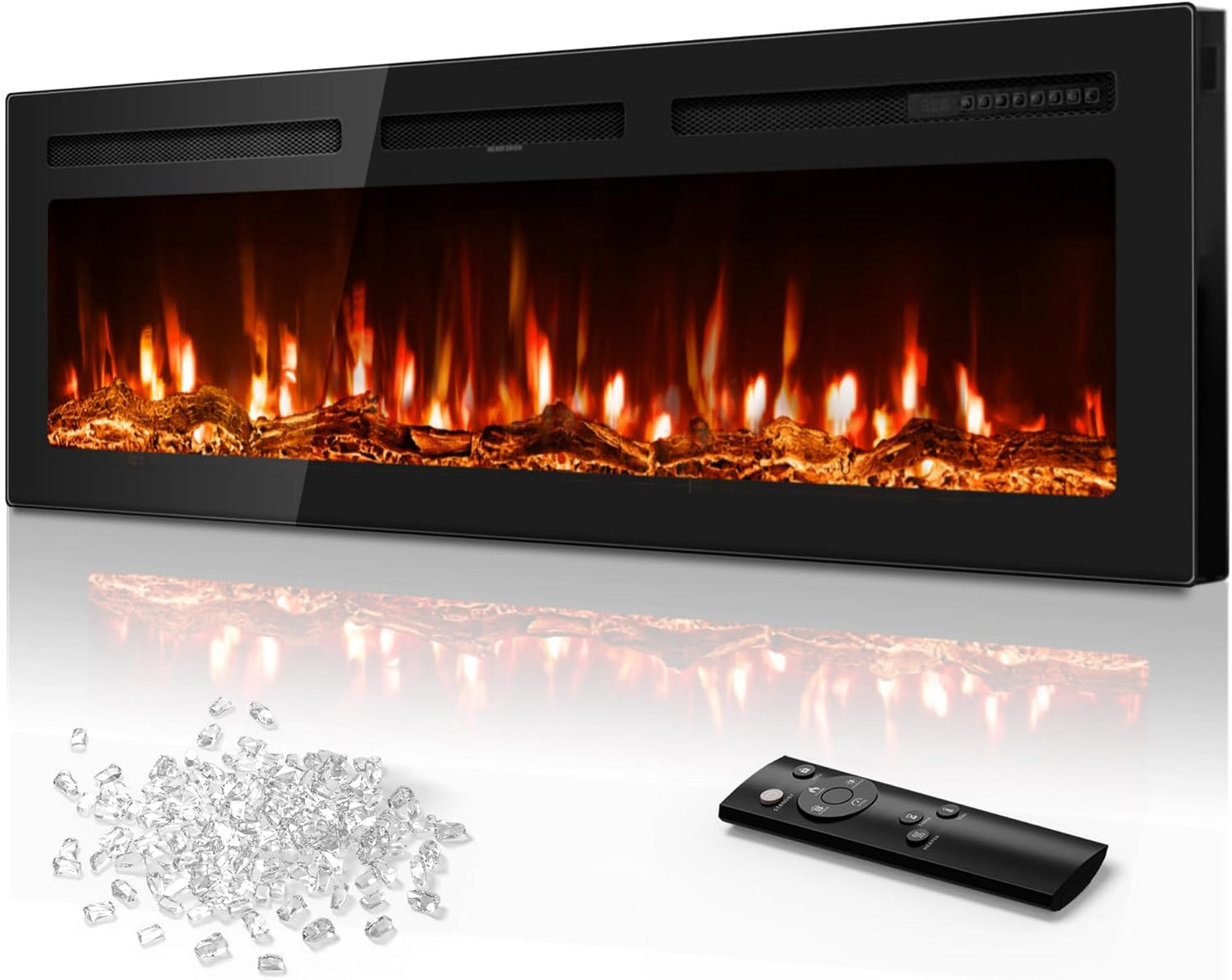 Tehanld 50 Inch Electric Fireplace in-Wall Recessed and Wall Mounted, Ultra-Thin Linear Fireplace Heater 750/1500W with Realistic Flame, Higher Temperatures & Lower Noise, Log Set & Crystal Options