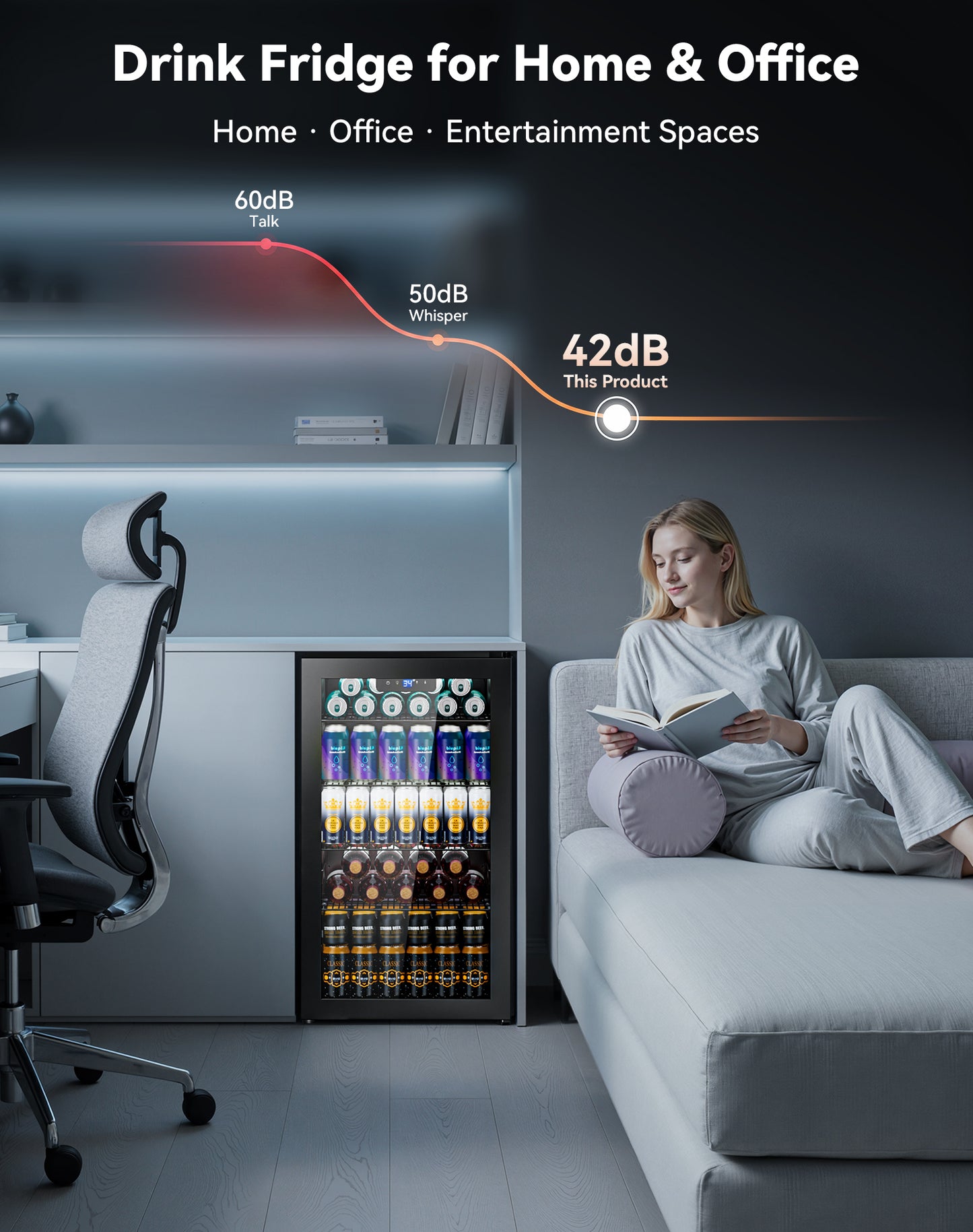 Tehanld 130 Can Beverage Refrigerator with Reversible Glass Door, 3.2 Cu.Ft Drink Cooler with Adjustable Thermostat (34–64°F), Freestanding Beverage Fridge for Soda, Beer & Home Bar