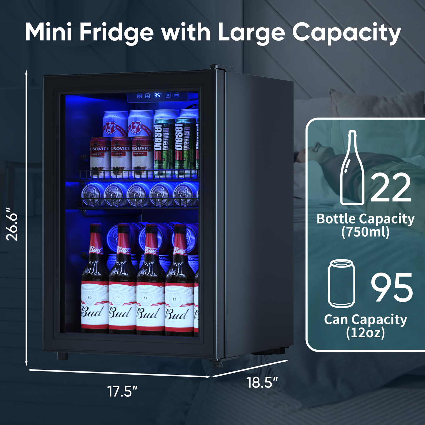 2.5 Cu.Ft Wine Fridge, Mini Fridge With Glass Door, Wine Cooler Refrigerator, Beverage Drink Beer Fridge, Adjustable Shelves & Digital Temperature Display, 22 Bottle 95 Can