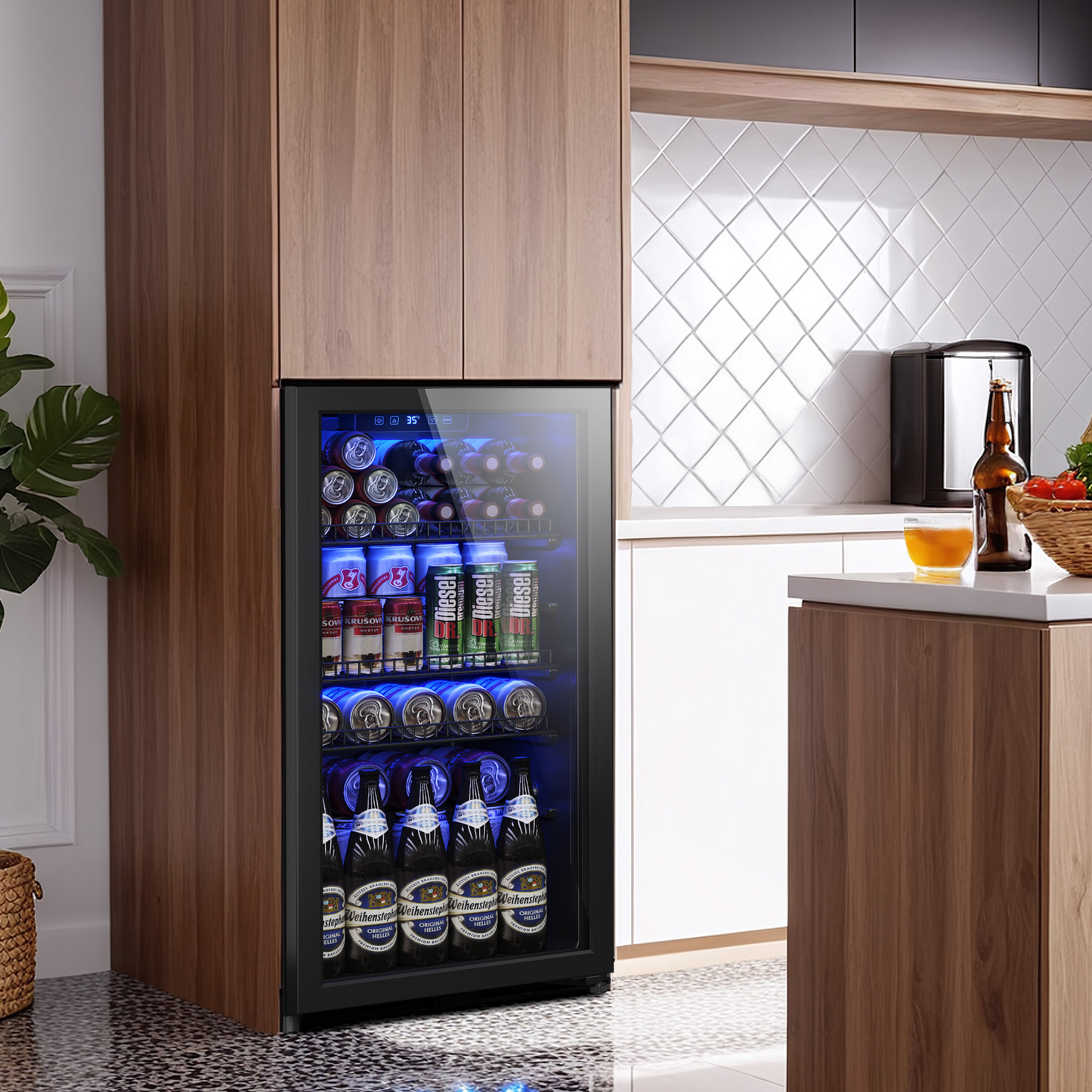 3.2 Cu.Ft Beverage Fridge, Mini Fridge With Glass Door, Beverage Cooler Refrigerator, Wine Drink Beer Fridge, Adjustable Shelves & Digital Temperature Display, 26 Bottle 128 Can