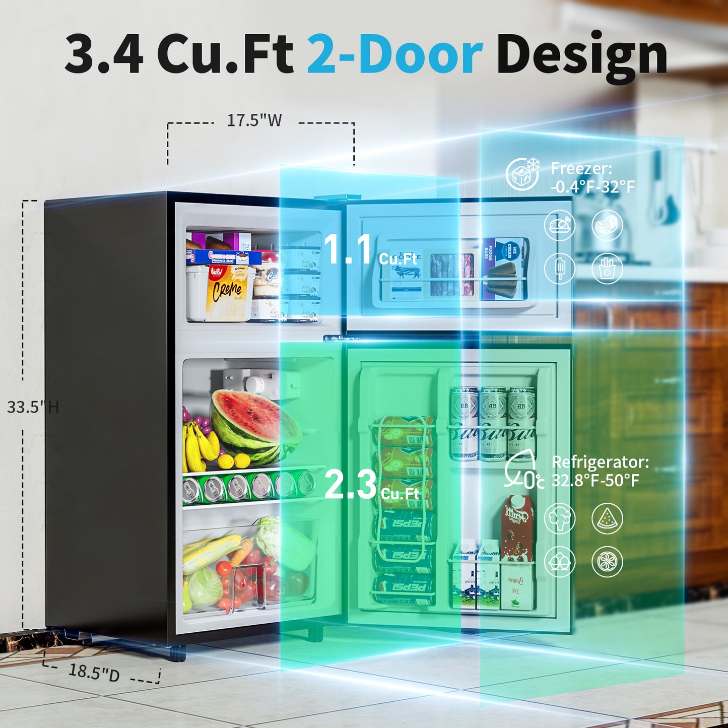 3.4 Cu.Ft Mini Fridge for Bedroom Office Dorm, 2 Door Small Refrigerator Freezer, Mini Compact Fridge with Adjustable Thermostat, Low Noise, Energy Saving, Black