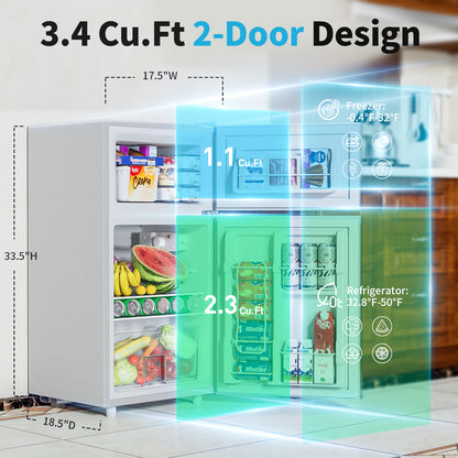 3.4 Cu.Ft Small Refrigerator with Freezer, Mini Fridge with Freezer, 7 Settings Temperature Adjustable, Double Door, Compact Refrigerator for Bedroom, Dorm and Office, White