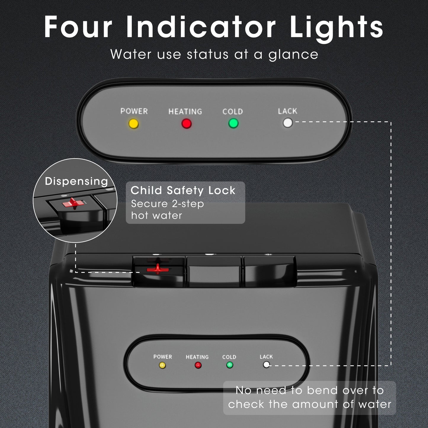 Bottom Loading Water Cooler Dispenser for 3 or 5 Gallon Bottles - Water Dispenser with Hot, Room &amp; Cold Spouts, Child Safety Lock, LED Display with Empty Bottle Alert, Black