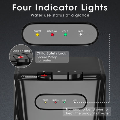 Bottom Loading Water Cooler Dispenser for 3 or 5 Gallon Bottles - Water Dispenser with Hot, Room &amp; Cold Spouts, Child Safety Lock, LED Display with Empty Bottle Alert, Black