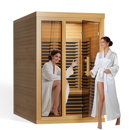 Tehanld Low EMF Full Spectrum Infrared Sauna - 2-Person Home Indoor Wooden Sauna with 2000W Fast Heating, Dual Tempered Glass & Bluetooth Speakers (Warm Wood Hue)