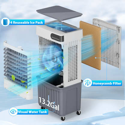 Swamp Cooler Air Conditioners, Large 13.5-Gal Tank for 7d Cooling, 4-IN-1 Portable evaporative cooler with LED Touch Screen, 3 Fan Speed,12H Timer and Remote, 1000 sq ft, Ideal for Large Rooms