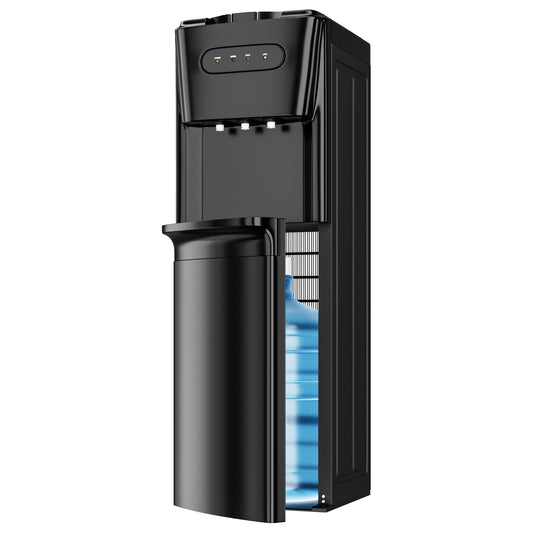 Tehanld Bottom Loading Water Cooler Dispenser for 3 or 5 Gallon Bottles - Water Dispenser with Hot, Room & Cold Spouts, LED Display with Empty Bottle Alert, Child Safety Lock, Mat Black