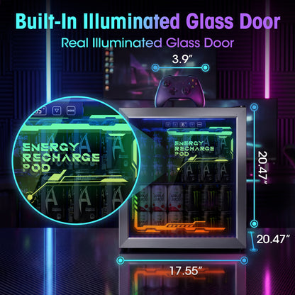 Tehanld 68-Can Beverage Refrigerator, 1.8 Cu.Ft Gaming Fridge with RGB Illuminated Glass Door, 35°F Quick Cooling, Quiet Soda Beer Cooler for Game Room, Bedroom & Man Cave