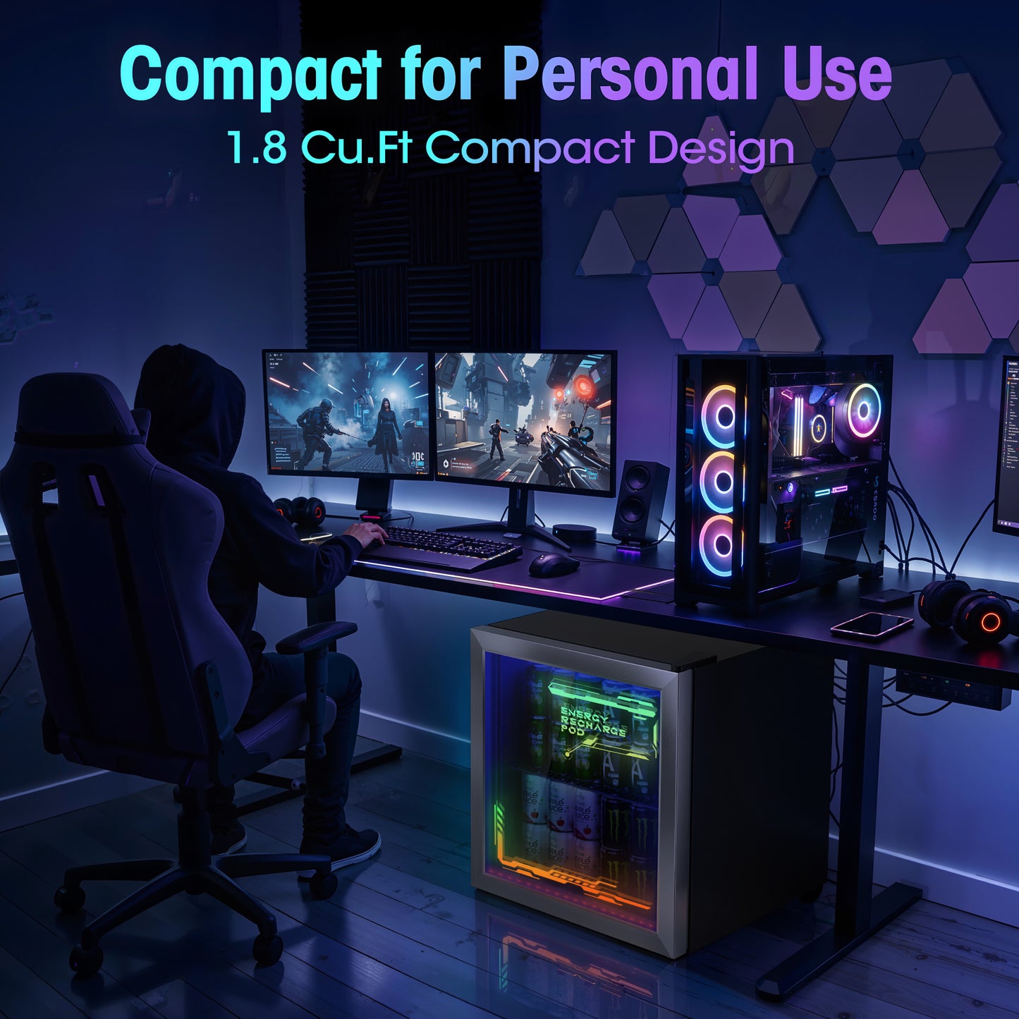 Tehanld 68-Can Beverage Refrigerator, 1.8 Cu.Ft Gaming Fridge with RGB Illuminated Glass Door, 35°F Quick Cooling, Quiet Soda Beer Cooler for Game Room, Bedroom & Man Cave