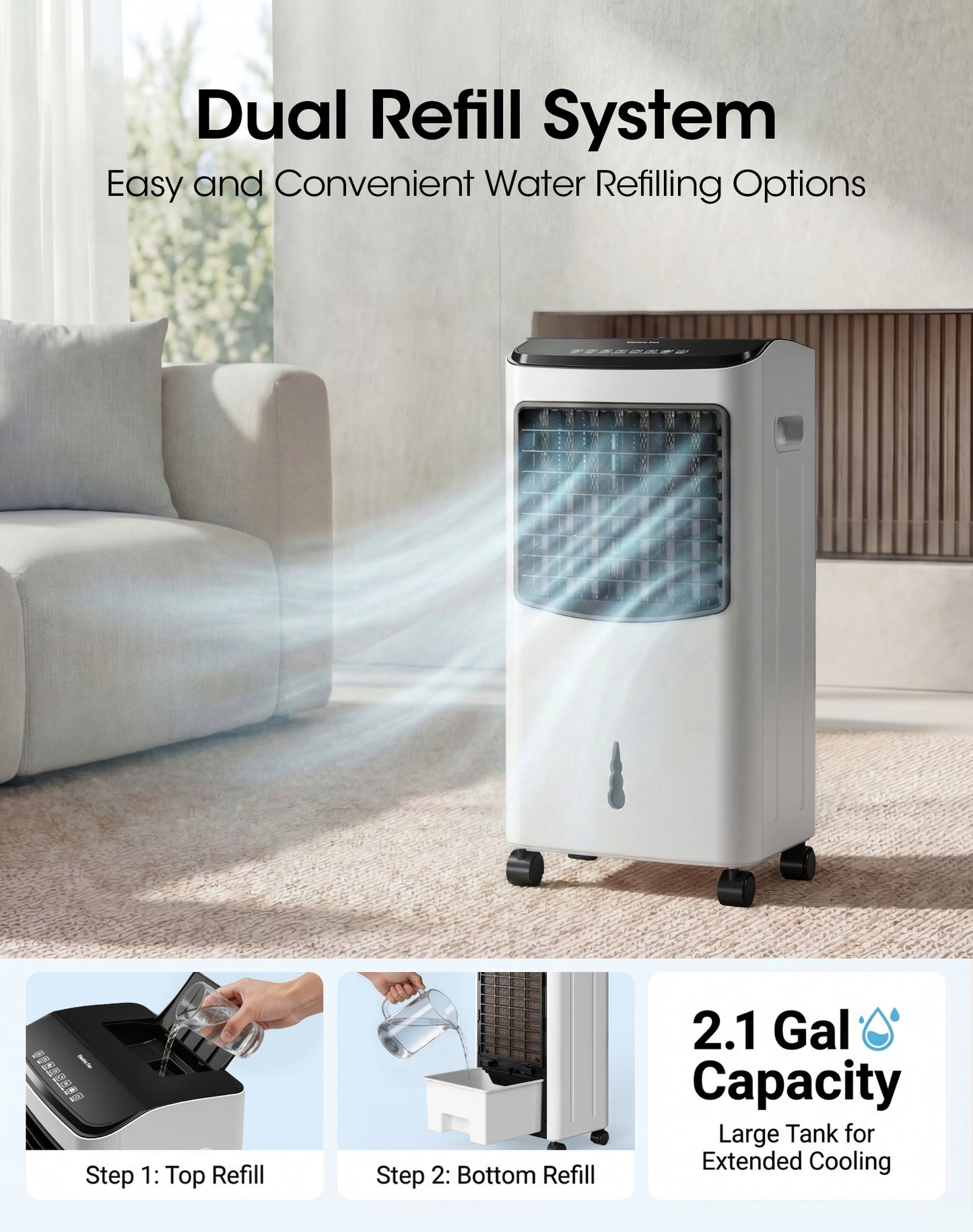 Tehanld Portable Evaporative Air Cooler, 2.1 Gal Swamp Cooler with 4 Ice Packs, 1620 CFM Windowless Room Cooling Fan with 120° Oscillation, 3 Speeds, 16H Timer & Remote for Home, Bedroom, Office