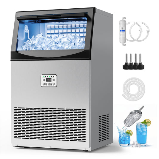 Commercial Ice Maker Machine, 200LBS/24H with 33LBS Large Storage Capacity, 96 Ice Cubes/15 Mins, Ice Machine with Self-Cleaning & Water Filter, Under Counter & Freestanding for Home, Bar