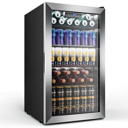 Tehanld 130 Can Beverage Refrigerator with Reversible Glass Door, 3.2 Cu.Ft Drink Cooler with Adjustable Thermostat (34–64°F), Freestanding Beverage Fridge for Soda, Beer & Home Bar