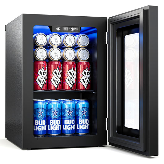 Tehanld 0.6 Cu.ft Beverage Cooler, Compressor Mini Fridge with Glass Door, Small Beverage Refrigerator 40-61°F Adjustable Temperature, Freestanding Soda Beer Fridge for Office, Bedroom, Black