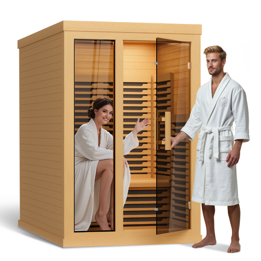 Far Infrared Wooden Sauna Low EMF- 2 Person Personal Sauna for Home Use, Full Spectrum Infrared Sauna, Dual Tempered Glass & Bluetooth Speakers - Indoor Sauna 2000W,Brown