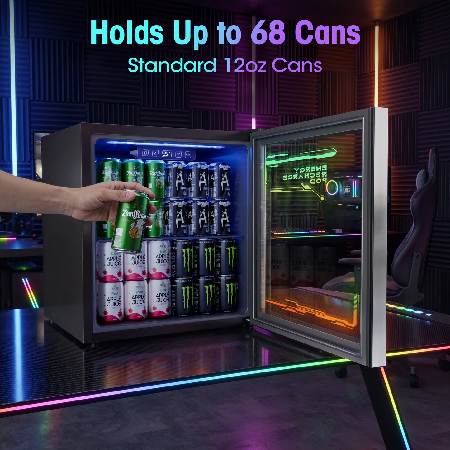 Tehanld 68-Can Beverage Refrigerator, 1.8 Cu.Ft Gaming Fridge with RGB Illuminated Glass Door, 35°F Quick Cooling, Quiet Soda Beer Cooler for Game Room, Bedroom & Man Cave
