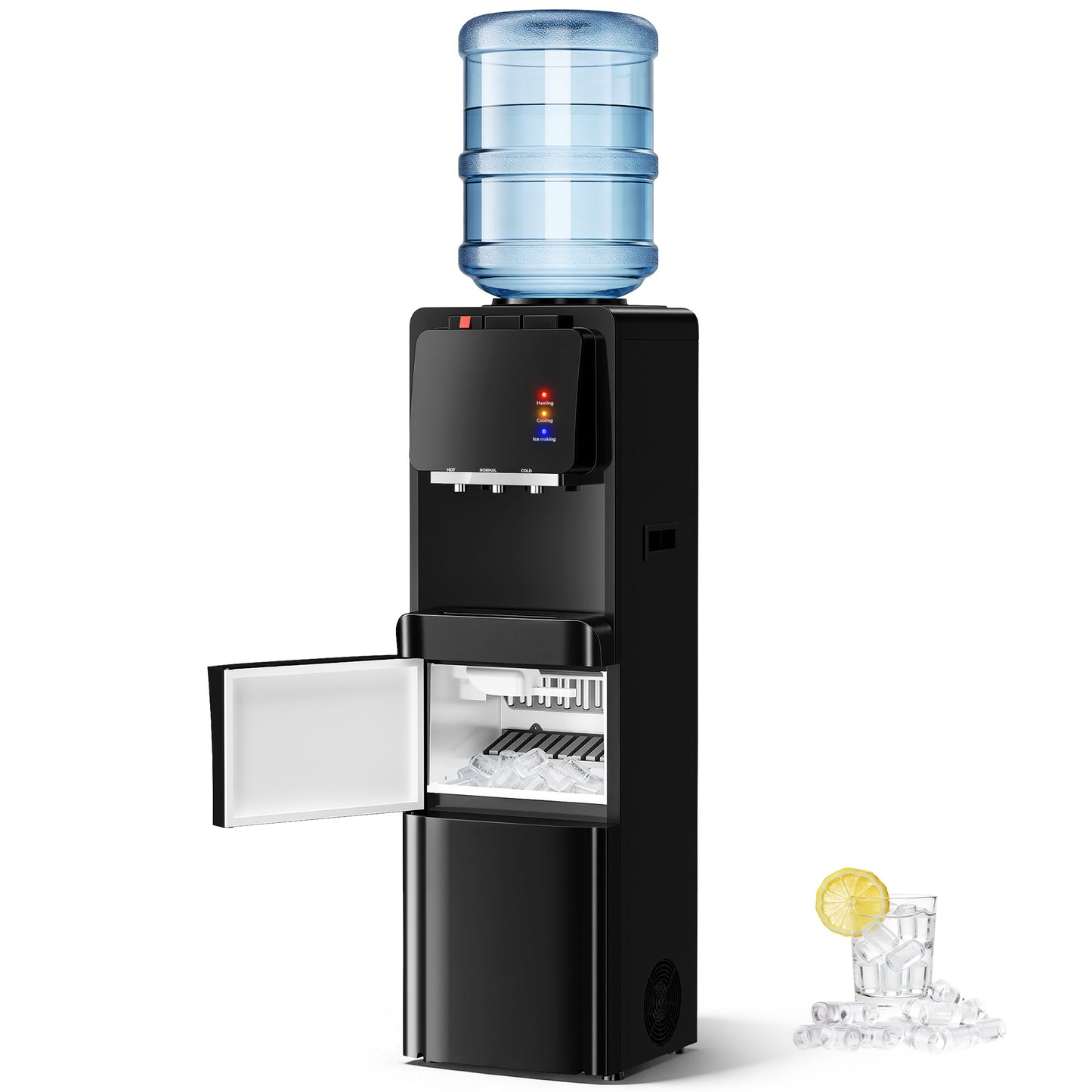 Water Dispenser with Ice Maker, 4-in-1 Top Loading Water Cooler, Hot & Cold & Room Water, Fast Ice Maker, Child Safety Lock, for Home & Office, Black