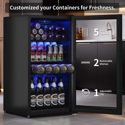 3.2 Cu.Ft Beverage Fridge, Mini Fridge With Glass Door, Beverage Cooler Refrigerator, Wine Drink Beer Fridge, Adjustable Shelves & Digital Temperature Display, 26 Bottle 128 Can