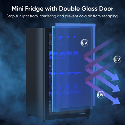 3.2 Cu.Ft Beverage Fridge, Mini Fridge With Glass Door, Beverage Cooler Refrigerator, Wine Drink Beer Fridge, Adjustable Shelves & Digital Temperature Display, 26 Bottle 128 Can