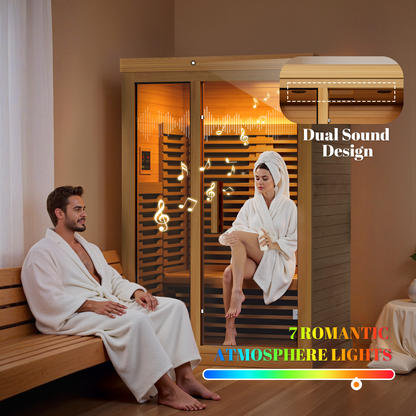 Tehanld Low EMF Full Spectrum Infrared Sauna - 2-Person Home Indoor Wooden Sauna with 2000W Fast Heating, Dual Tempered Glass & Bluetooth Speakers (Warm Wood Hue)
