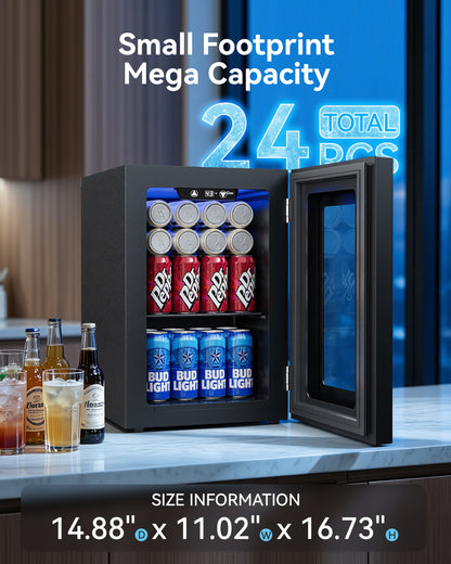 Tehanld 0.6 Cu.ft Beverage Cooler, Compressor Mini Fridge with Glass Door, Small Beverage Refrigerator 40-61°F Adjustable Temperature, Freestanding Soda Beer Fridge for Office, Bedroom, Black