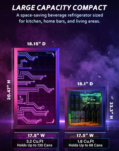 3.2 Cu.Ft Beverage Refrigerator, 130-Can Glass Door Mini Fridge with LED Light, Double Pane Door, 35-65°F Digital Temperature Control, Fan Cooling, 3 Movable Shelves for Soda, Beer & Drinks
