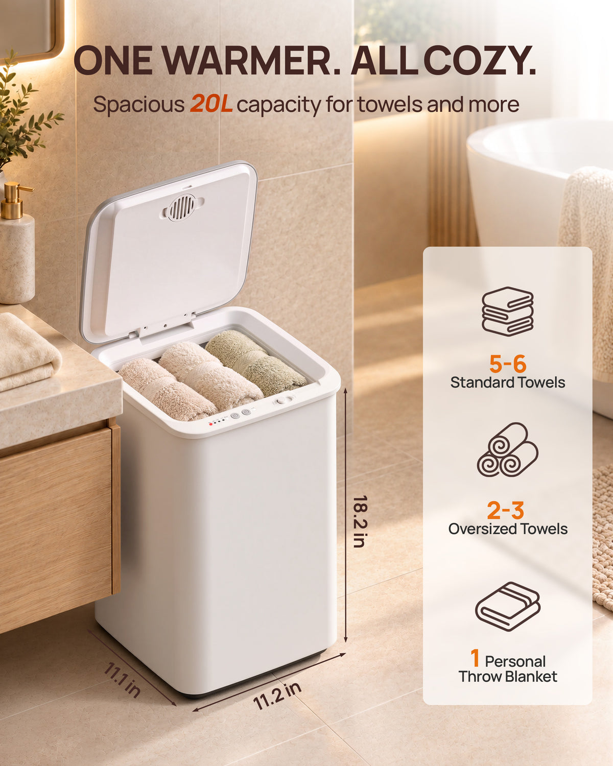 Towel Warmer Bucket for Bathroom Fits 3 Oversized Towels, Gray | 5-6 Towels, 4-Timer, 360° Fast Heating, Fragrance Tray, Auto Shut-Off, ETL&FCC, Triple Overheat Protection, Child Lock