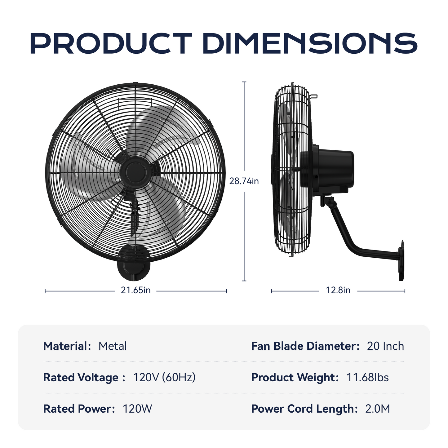 Tehanld Industrial Wall Fan 20 Inch - 3400 CFM High Velocity Airflow, Heavy Duty Metal Wall Mounted Fan with 80° Oscillation & Adjustable Tilt, 3-Speed Commercial Fan for Workshop & Patio