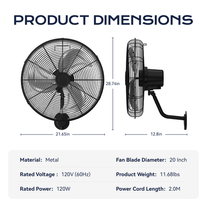 Tehanld Industrial Wall Fan 20 Inch - 3400 CFM High Velocity Airflow, Heavy Duty Metal Wall Mounted Fan with 80° Oscillation & Adjustable Tilt, 3-Speed Commercial Fan for Workshop & Patio