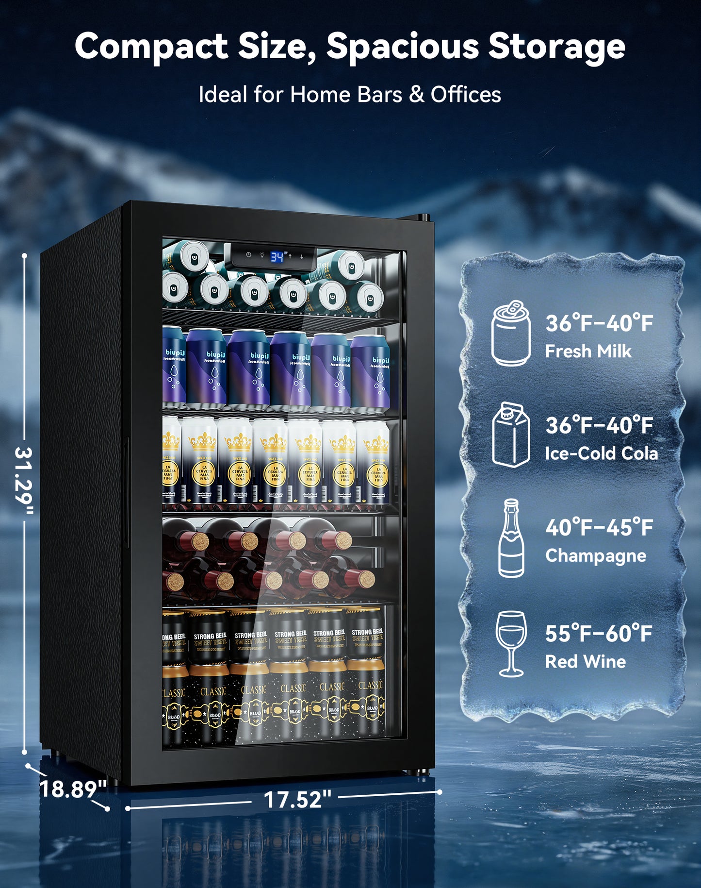 Tehanld 130 Can Beverage Refrigerator with Reversible Glass Door, 3.2 Cu.Ft Drink Cooler with Adjustable Thermostat (34–64°F), Freestanding Beverage Fridge for Soda, Beer & Home Bar