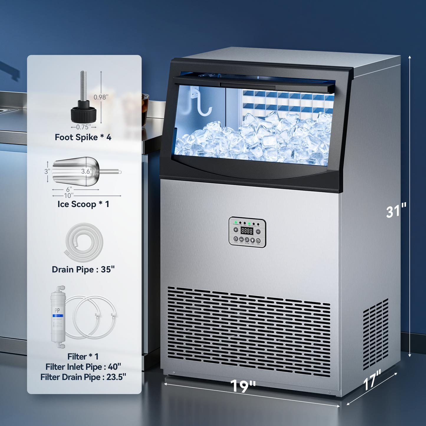 Commercial Ice Maker Machine, 200LBS/24H with 33LBS Large Storage Capacity, 96 Ice Cubes/15 Mins, Ice Machine with Self-Cleaning & Water Filter, Under Counter & Freestanding for Home, Bar